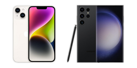 Fotos de divulgação de smartphones da Apple e da Samsung.