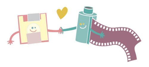 Ilustração com um disquete e um rolo de filme sorrindo com as mãos dadas e um coraçãozinho.