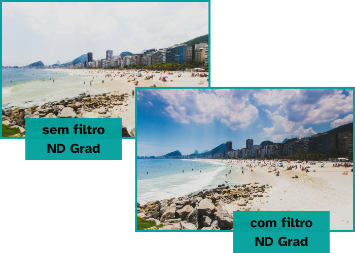 Duas fotografias, aquela feita sem o filtro ND-Grad tem o céu superexposto.