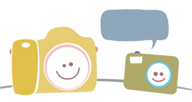 Ilustração de duas câmeras sorrindo, uma delas com um balão representando fala.
