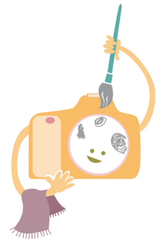 Ilustração de uma câmera se limpando com um pincel e uma toalhinha na mão.