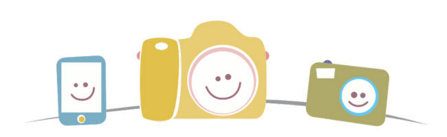 Ilustração fofa com três tipos de câmeras de diferentes tamanhos sorrindo amigavelmente