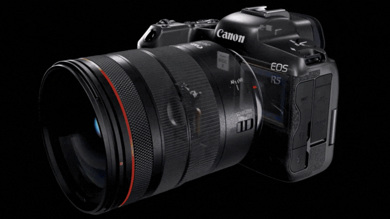 Animação mostrando as partes internas de uma câmera DSLR e objetiva e as tecnologias de estabilização de movimento em ação.