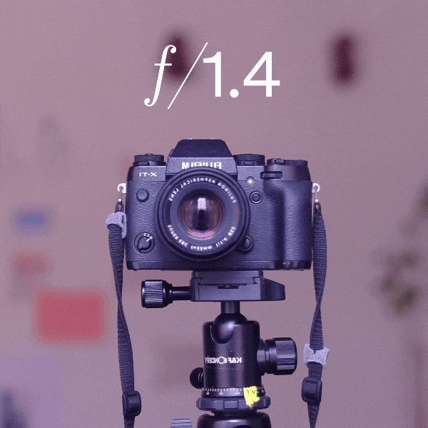 Animação mostrando uma câmera fotografando o espelho usando diferentes aberturas.