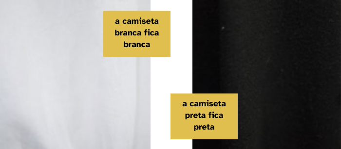 Duas fotos das camisetas anteriores, mas dessa vez a branca está branca e a preta está preta.