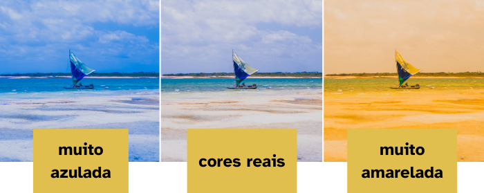 Três fotos idênticas com diferentes balanços de branco, uma está azulada, uma está amarelada e a foto ao centro está com as cores fiéis à realidade da cena.