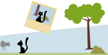 Ilustração de um gatinho mais distante do fundo - uma árvore e um arbusto. A foto resultante tem o fundo bastante desfocado
