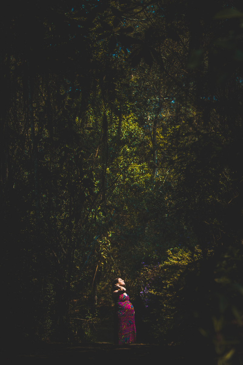 Foto de uma mulher em meio à mata, destacada por estar mais iluminada que o fundo.