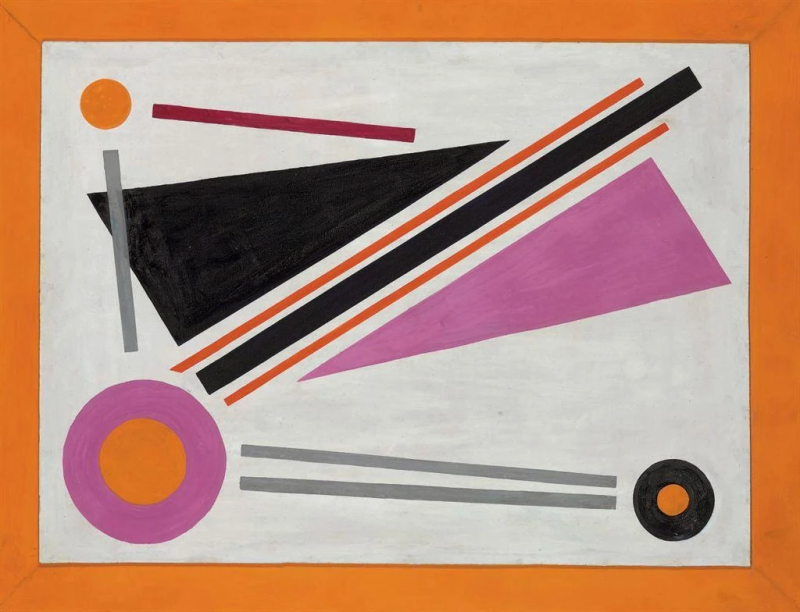 Pintura abstrata com linhas e círculos nas cores rosa, preto e laranja sobre fundo branco.