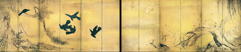 Pintura representando cinco corvos em destaque, com árvores e garças desenhadas de forma delicada criando espaços vazios que dão destaque para os corvos.