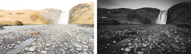 A foto à esquerda está superexposta e mostra uma cachoeira com pedrinhas à frente, já a foto da direita é a mesma imagem editada com ajuste de exposição e em preto e branco.