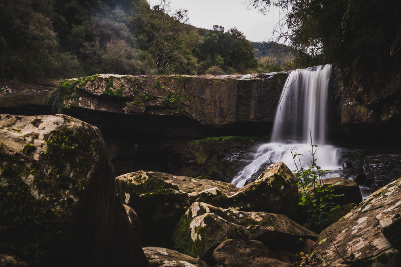 Foto de uma cachoeira em meio à mata, com pedras cheias de limo à sua volta.