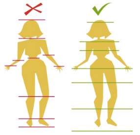 Ilustração mostrando, em vermelho, linhas de enquadramento nas beiradinhas da pessoa e nas partes do corpo que dobram. Em verde, estão linhas mostrando as partes intermediárias onde é mais interessante fazer o enquadramento.