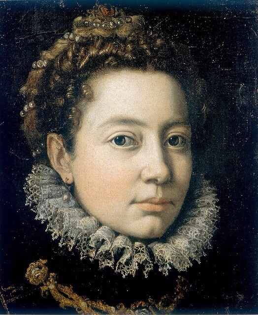 Retrato de uma mulher usando uma gorgeira típica da europa ocidental renascentista.