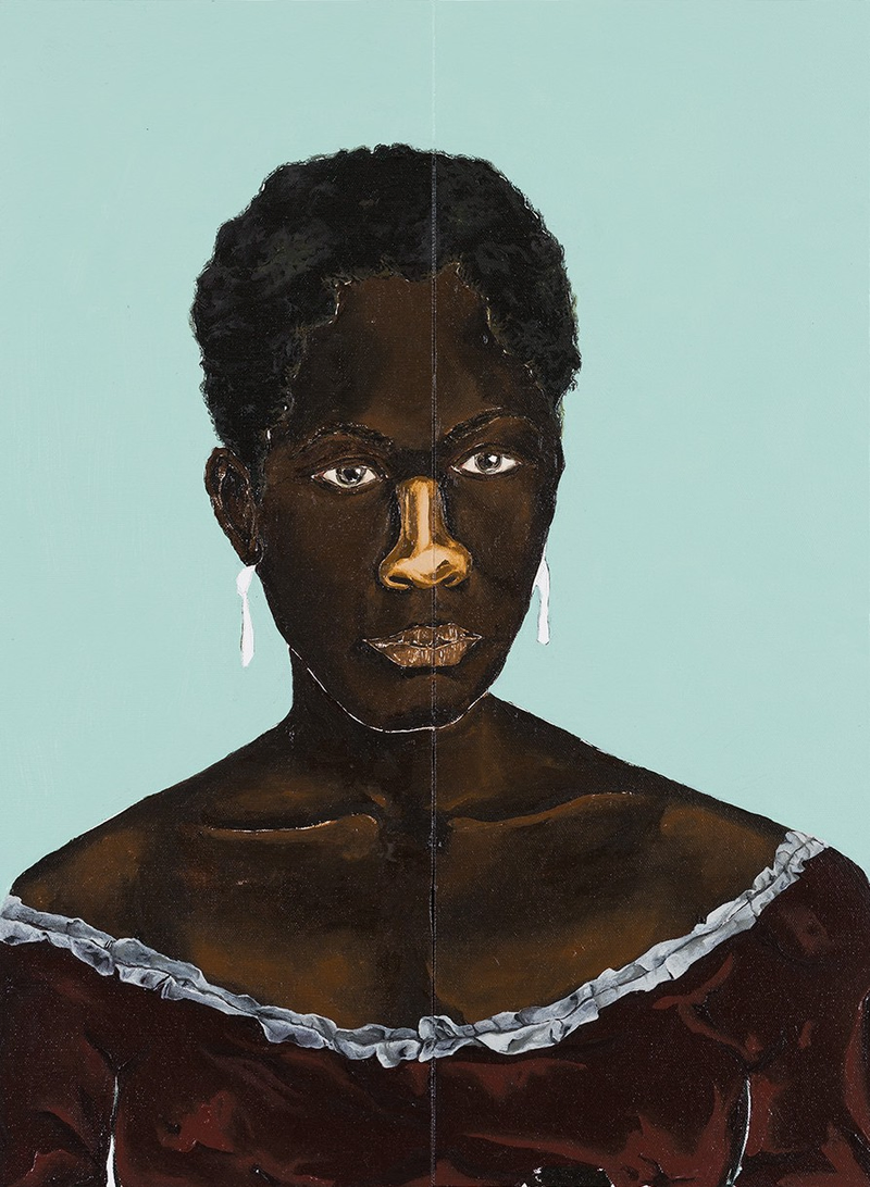 Pintura a óleo de uma mulher de cabelos curtos e crespos usando um vestido na cor vinho.