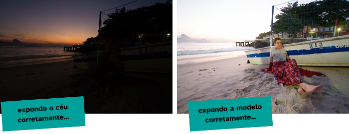 Duas fotos lado a lado. Na primeira, se vê o céu em alvorada, e uma mancha escura na frente. Na segunda, se vê uma mulher sentada na areia da praia, no mesmo enquadramento da foto anterior, mas o céu está todo superexposto.
