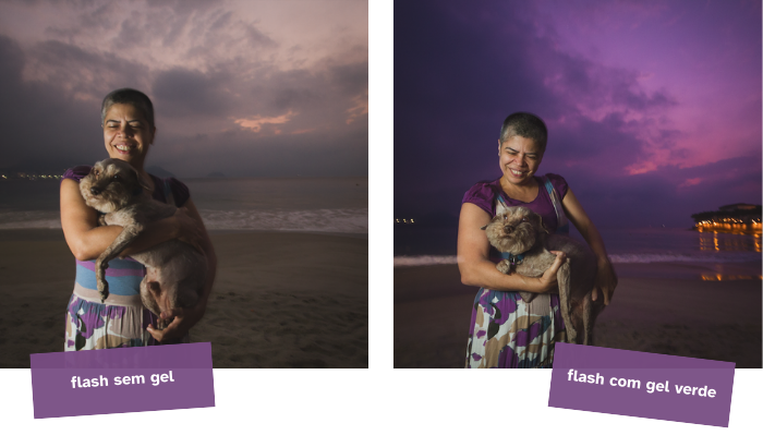 Duas fotos de mulher na praia segurando um cachorrinho labradoodle e com o nascer do sol ao fundo. Na foto da esquerda o céu está com nuvens e cinza. Na foto da direita, usando gel no flash, o céu está lilás.