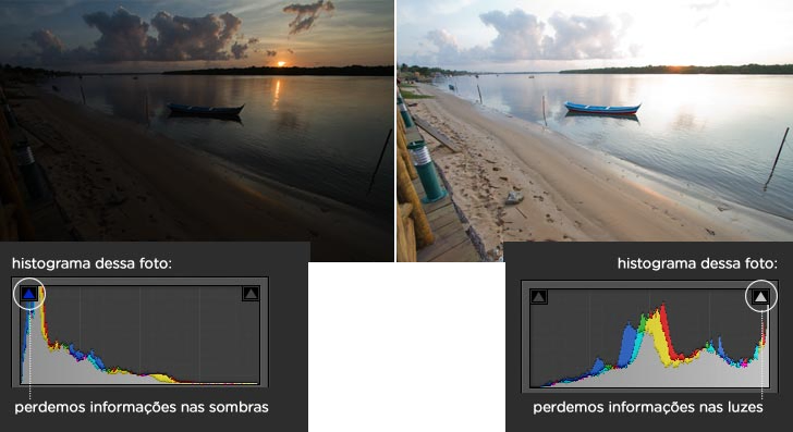 Duas fotos da mesma paisagem com diferentes exposições e seus respectivos histogramas demonstrando que foram perdidos detalhes nas sombras ou nas áreas de alta luz.