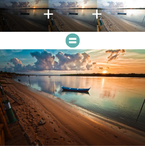 Imagem mostrando três fotos com diferentes exposições sendo somadas, e após o sinal de igualdade, o resultado de uma foto com mais detalhes.