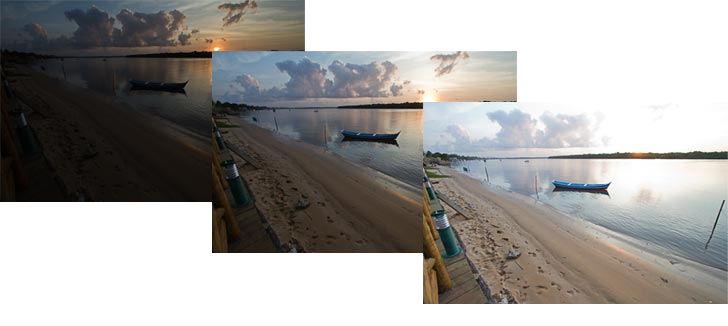 Três fotos da paisagem cujo histograma analisamos anteriormente: uma com exposição mediana, uma subexposta e outra superexposta.