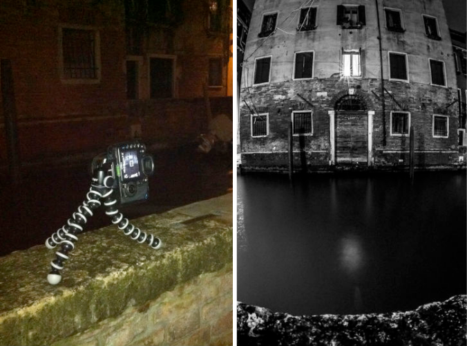 Duas fotos lado a lado: a primeira mostra uma câmera acoplada em um pequeno tripé de pernas flexíveis, a segunda mostra a paisagem fotografada: um canal com um prédio atrás cheio de janelas.
