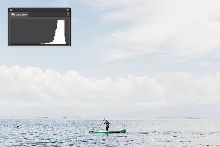 Foto de paisagem diurna em que se vê uma pessoa remando em um stand up paddle. O restante da paisagem – como o céu e o mar – se confundem pois estão bem iluminados. O histograma tem uma quantidade de pixels maior no lado direito.